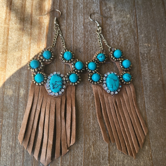 Beautiful Turquoise Crystal Earrings / Boho Fringe / CZ / Western Earrings - Picture 2 of 4